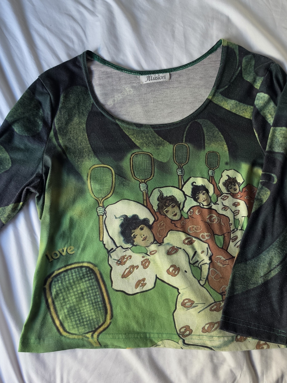 Vintage 90s Graphic Art Long Sleeve Green Top Retro Tennis Print Size Medium